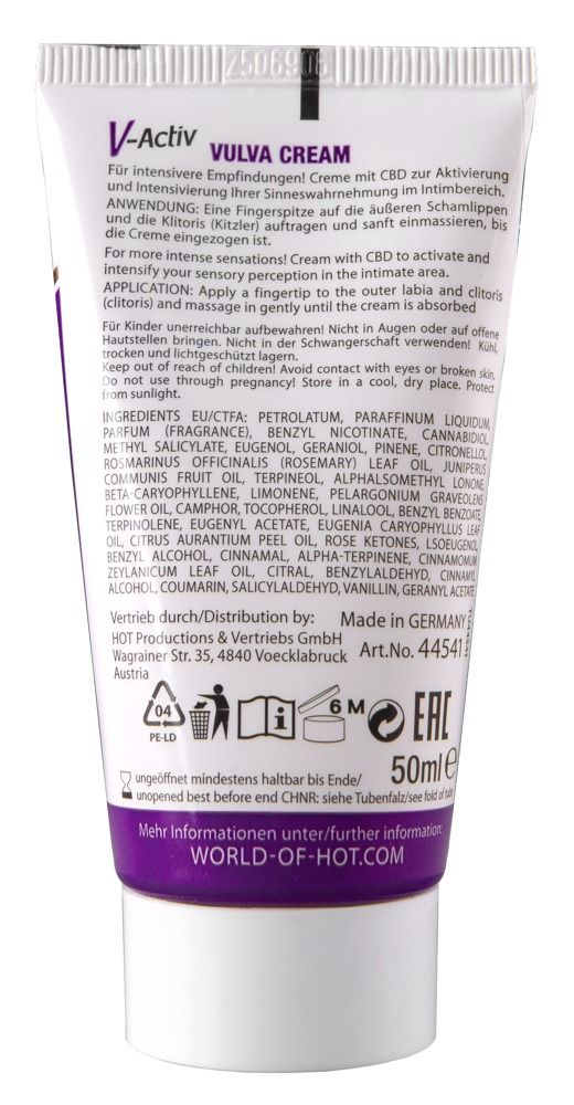 V-Activ Vulva Cream HOT Tube und Verpackung nebeneinander.
