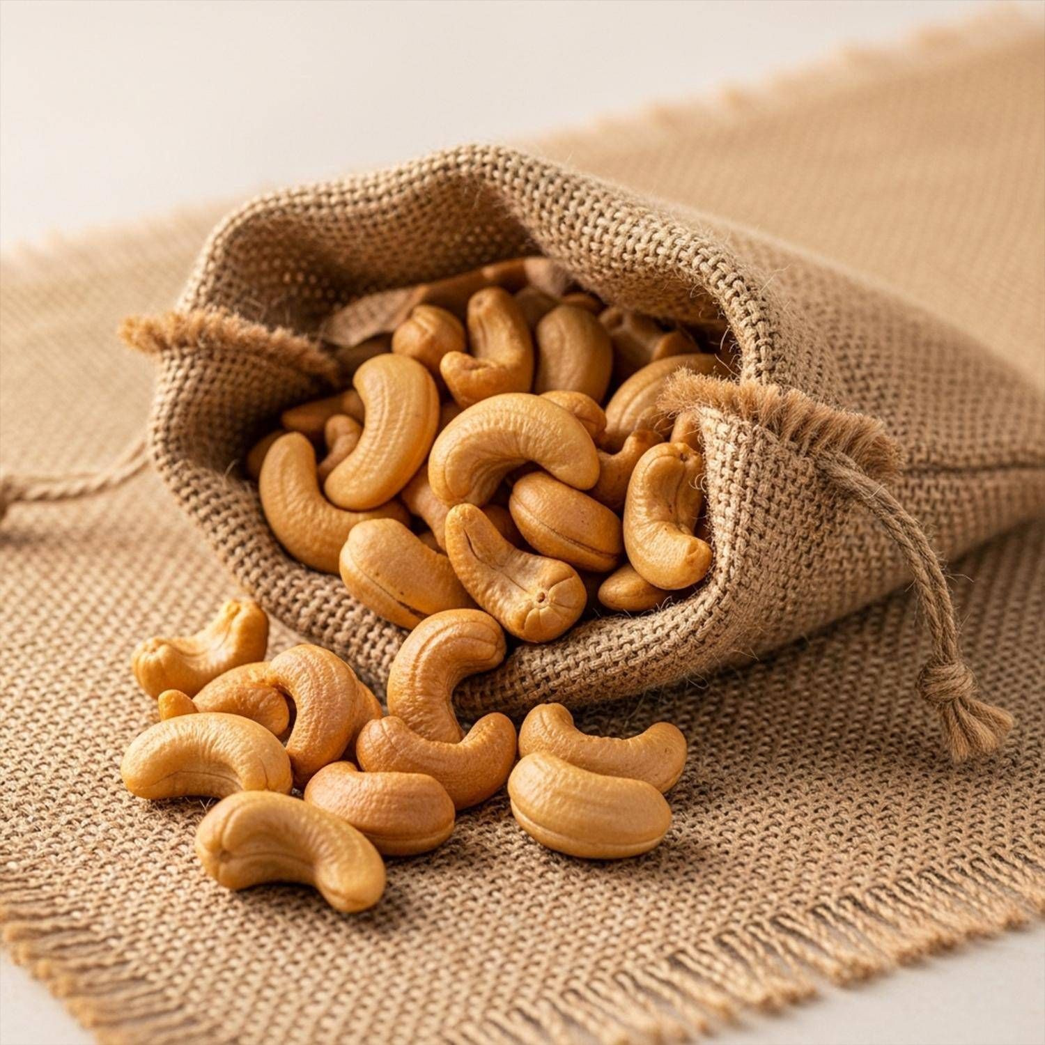 Cashewkerne aus einem Jutesack auf einer Jutetuchunterlage.