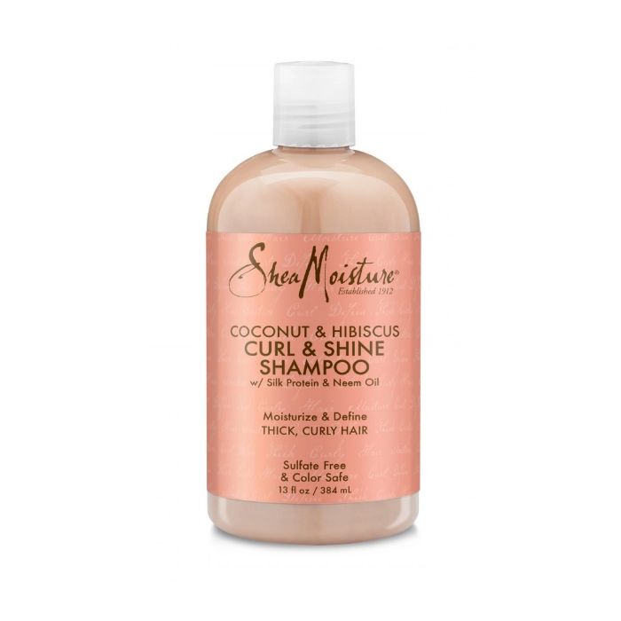 Flasche Shea Moisture Coconut & Hibiscus Curl & Shine Shampoo. Für dickes, lockiges Haar.