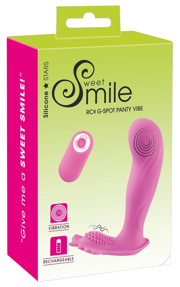 Verpackung mit rosa Vibrator und Fernbedienung. Text: Sweet Smile, RC G-Spot Panty Vibe, 10 Vibrationen, wiederaufladbar.