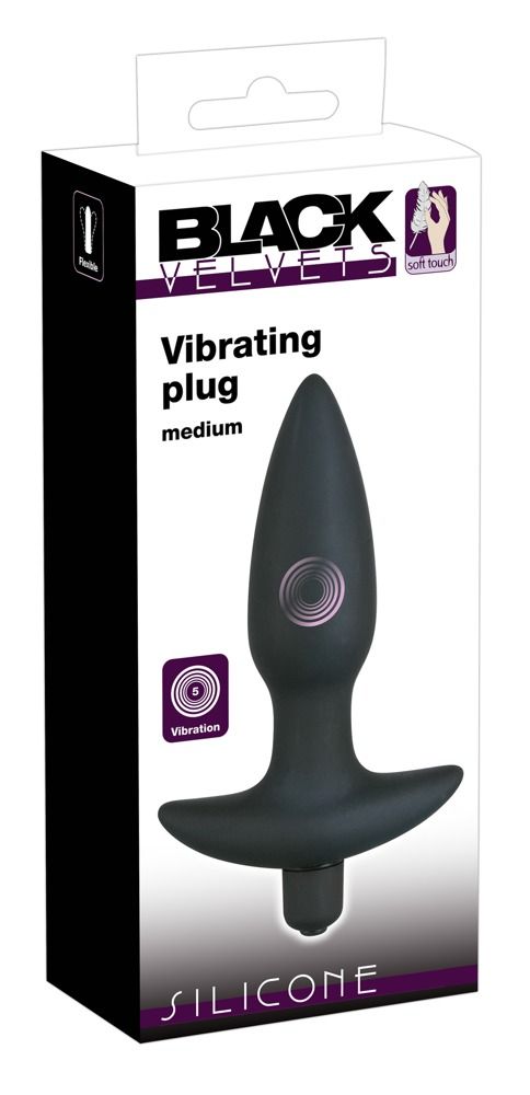 Verpackung: Schwarzer Analplug, Marke Black Velvets, Vibrating, Medium. Produktabbildung.