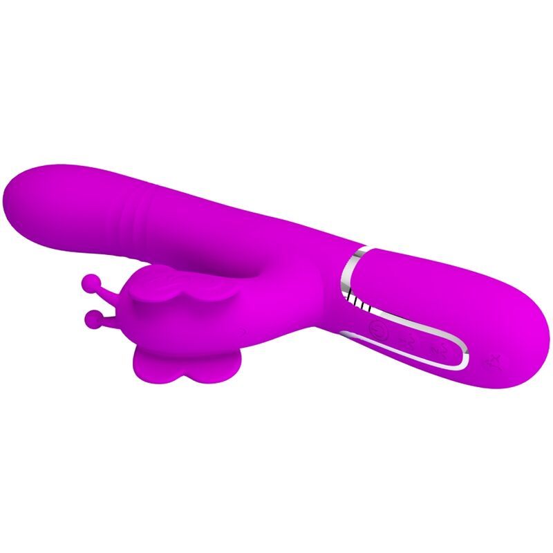 Lila Vibrator mit Hasenohren und zwei Kugeln am Kopf. Glatter Schaft mit silbernem Ring am Griff.