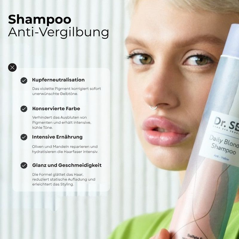 Frau hält Dr. SEA Daily Blonde Shampoo. Text: Kupferneutralisation, konservierte Farbe, intensive Ernährung, Glanz und Geschmeidigkeit.