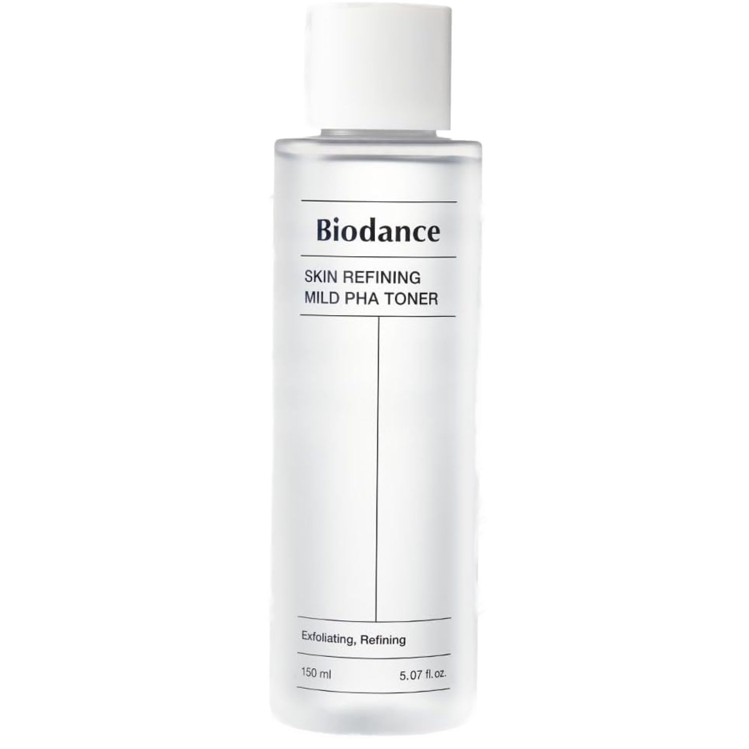 Biodance Skin Refining Mild PHA Toner. Transparente Flasche mit weißem Deckel. Produktbeschriftung.