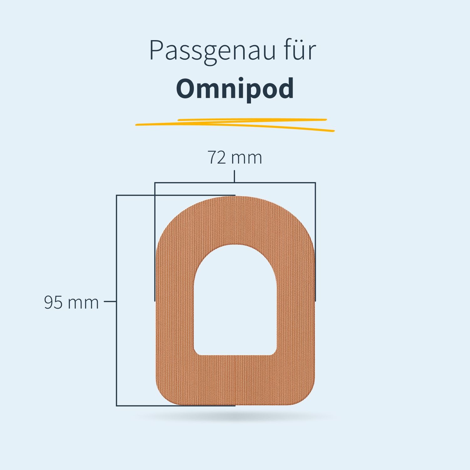 Hautfarbenes Pflaster mit den Maßen 95 x 72 mm. Text: Passgenau für Omnipod. Mit Linien zur Größenangabe.