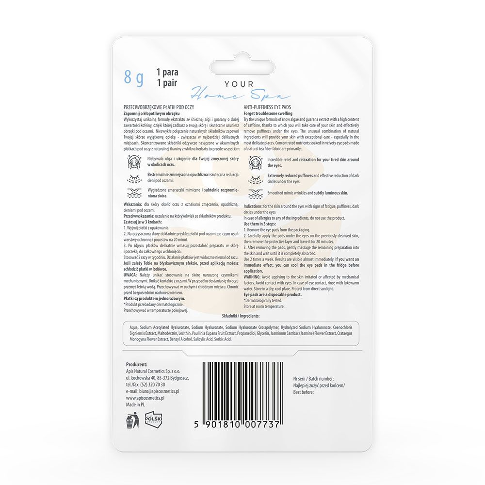 Rückseite der Augenpad-Verpackung. Textinformationen, Inhaltsstoffe und Logo.