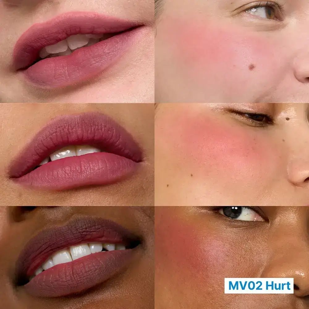 Mehrere Gesichter mit Lippen und Wangen, die mit dem Produkt gefärbt sind. MV02 Hurt Text.
