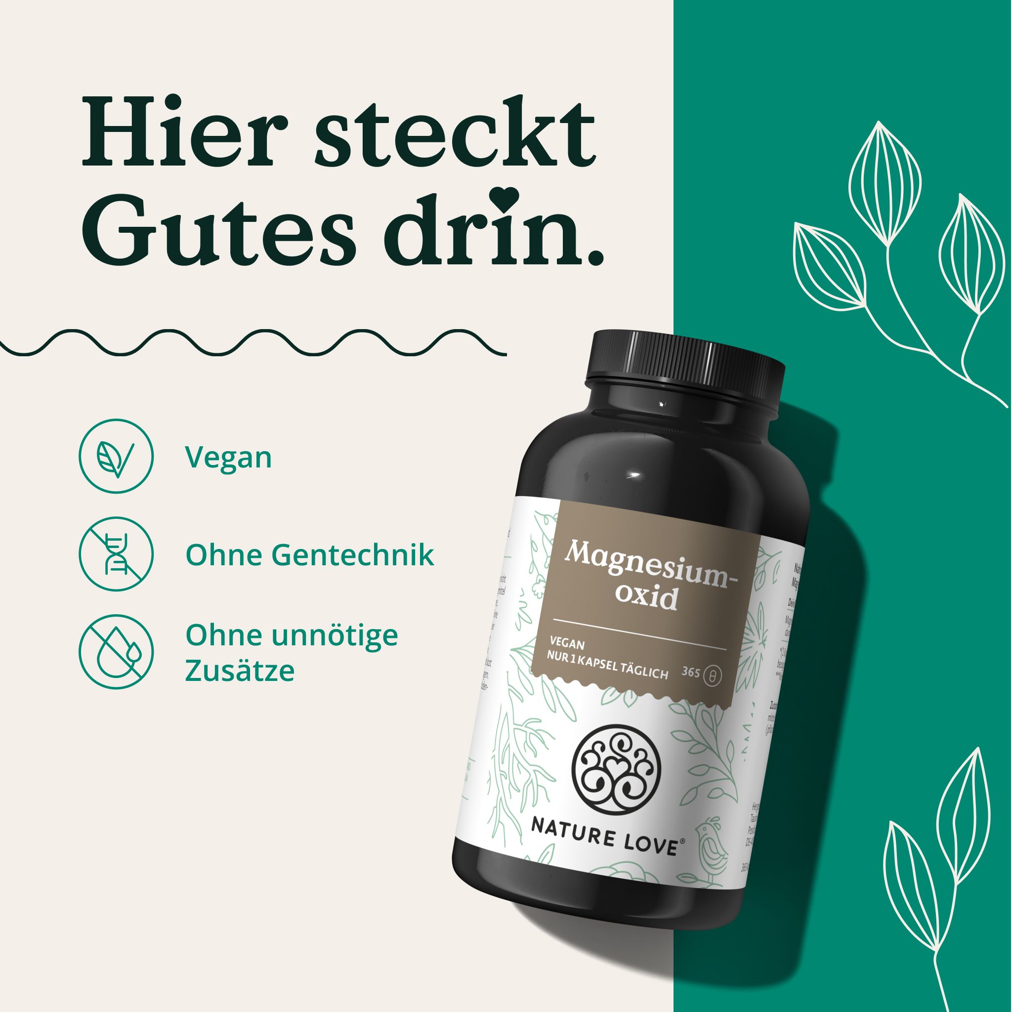 Braune Flasche mit weißem Etikett. Text: Magnesiumoxid, Vegan, ohne Gentechnik, ohne unnötige Zusätze. Logo: NATURE LOVE®.