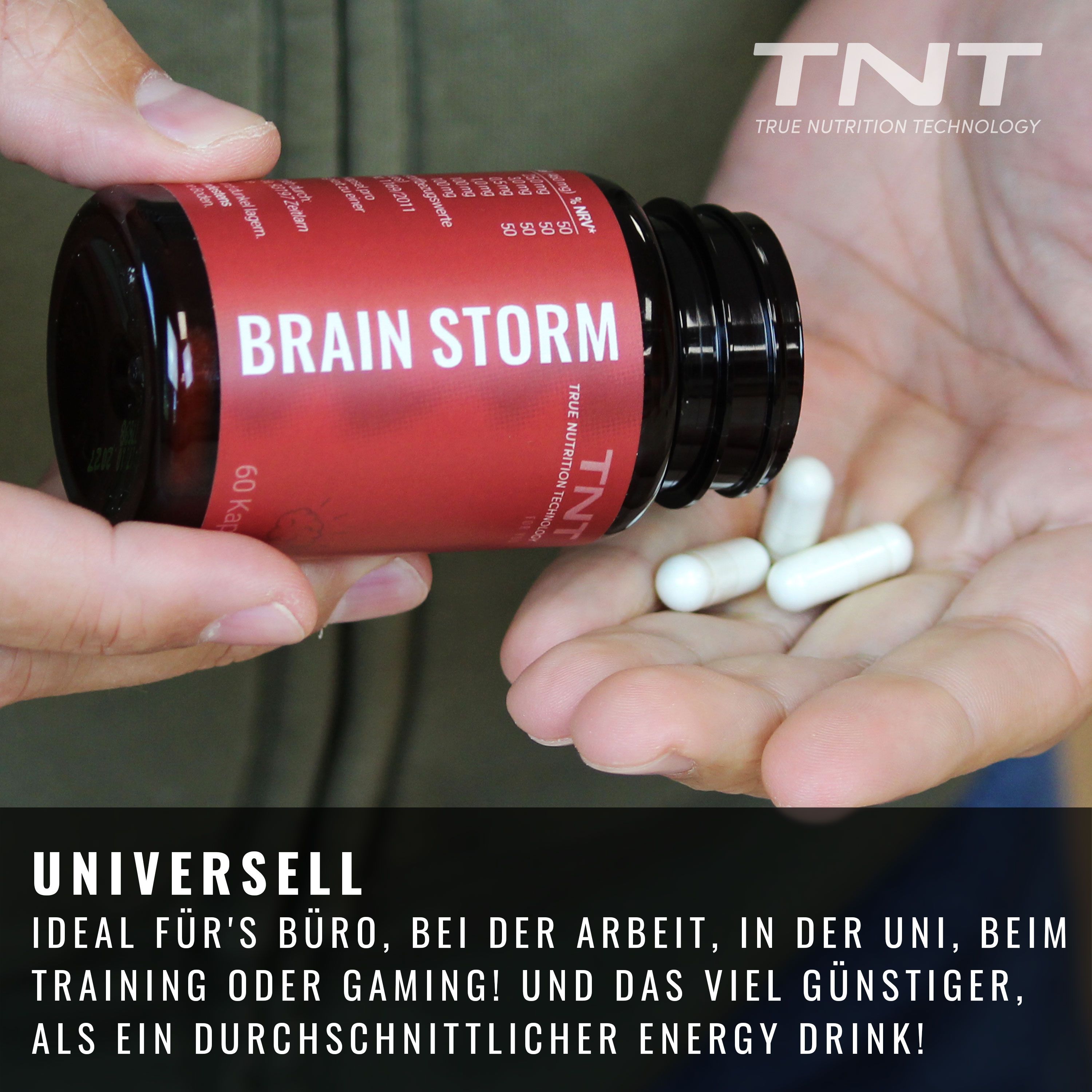 Hände halten weiße Kapseln. Aufschrift BRAIN STORM und TNT. Text über Anwendung.