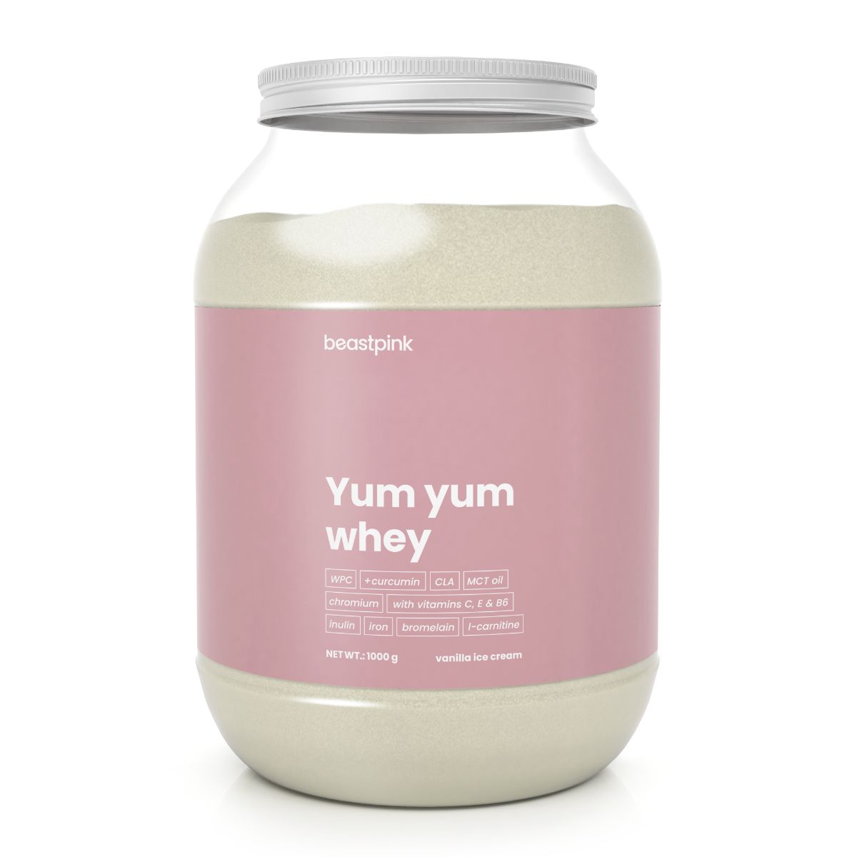 Großer Behälter mit Yum Yum Whey Molkenproteinpulver in Vanillegeschmack. Rosa Etikett mit Nährwertangaben.