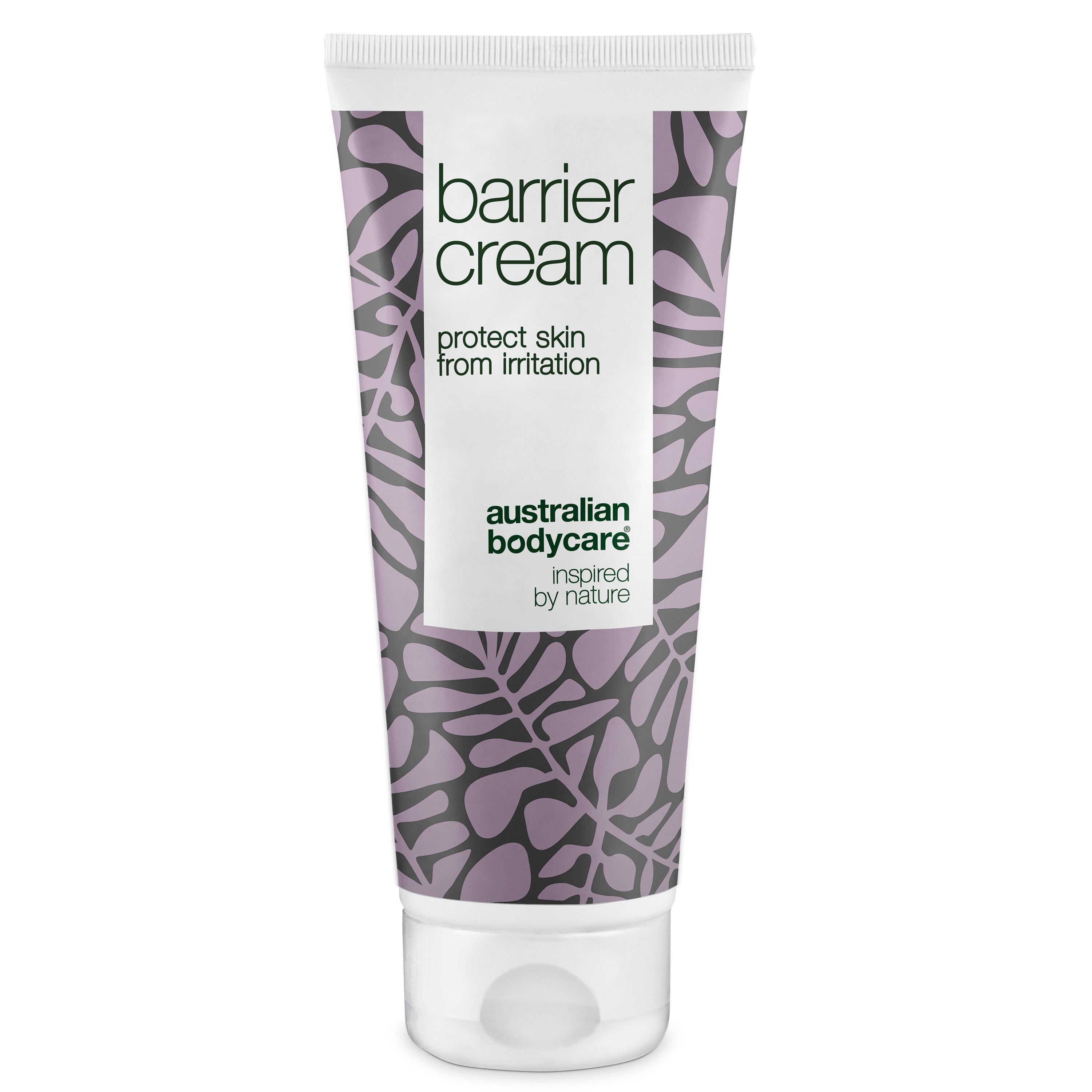 Creme-Tube mit floralem Muster. Aufschrift: Barrier Cream, schützt vor Irritationen. Marke: Australian Bodycare.
