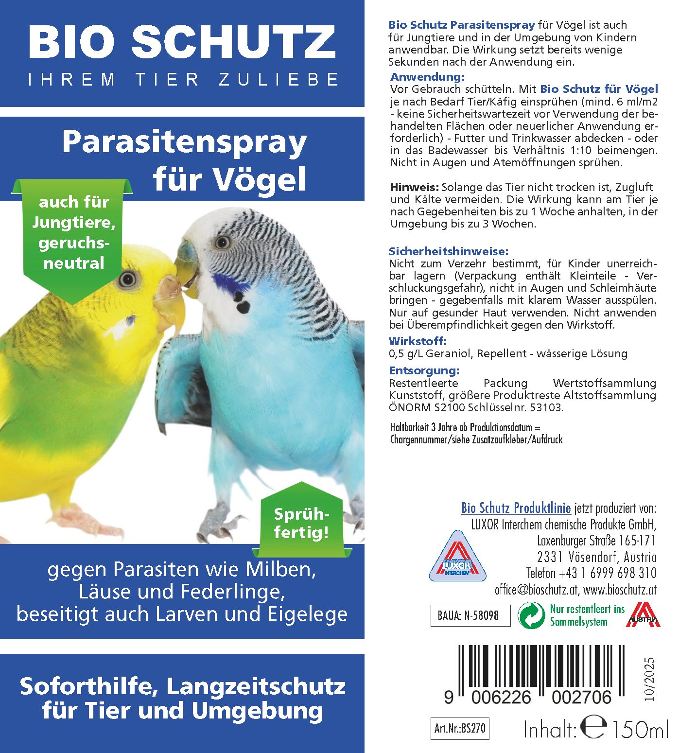 Blaues Etikett mit Text: Bio Schutz, Parasitenspray für Vögel. Abbildung von Papageien. Text: Soforthilfe, Langzeitschutz für Tier und Umgebung.