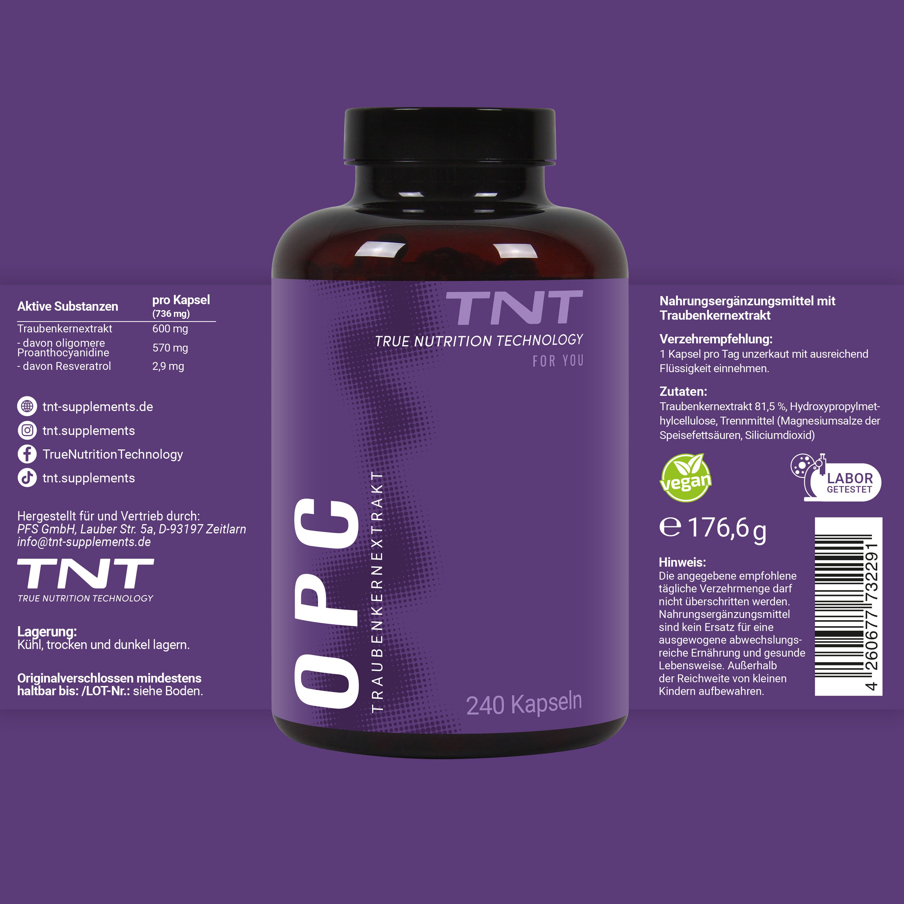 Eine lila Flasche mit der Aufschrift OPC, Traubenkernextrakt und TNT. Auf der Flasche steht auch 240 Kapseln.