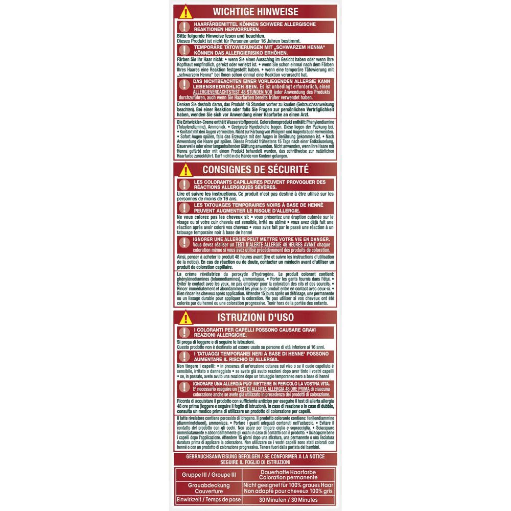 Garnier Nutrisse Ultra Color. Warnhinweise und Sicherheitshinweise auf der Verpackung. Text in Deutsch, Französisch und Italienisch.