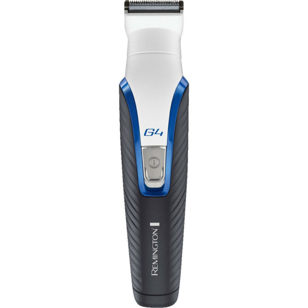 Haar-/Bartschneider, schwarz-weiß-blau. Mit G4-Logo und Remington-Schriftzug. Ein-Aus-Taste. Klingenaufsatz oben.