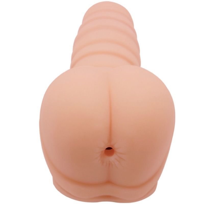 Fleischfarbener Masturbator mit geriffelter Oberfläche und Öffnung. Unterseite mit Öffnung.