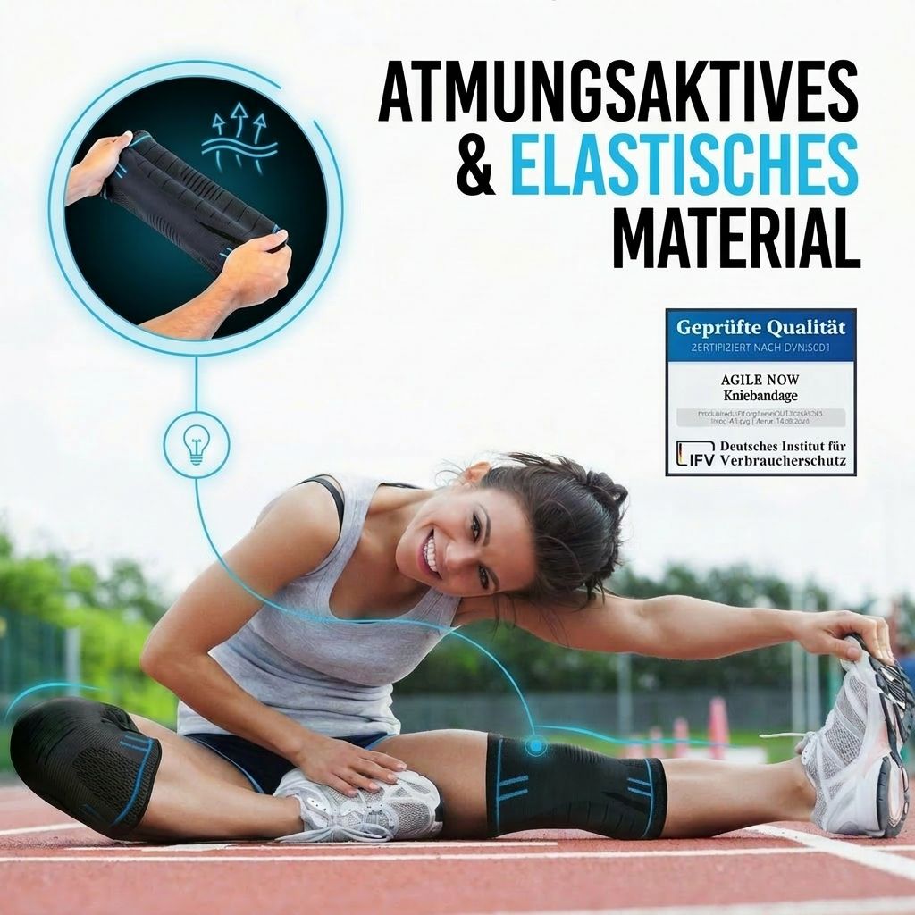 Frau dehnt sich mit Kniebandagen. Atmungsaktives & elastisches Material. Zertifizierungslogo.