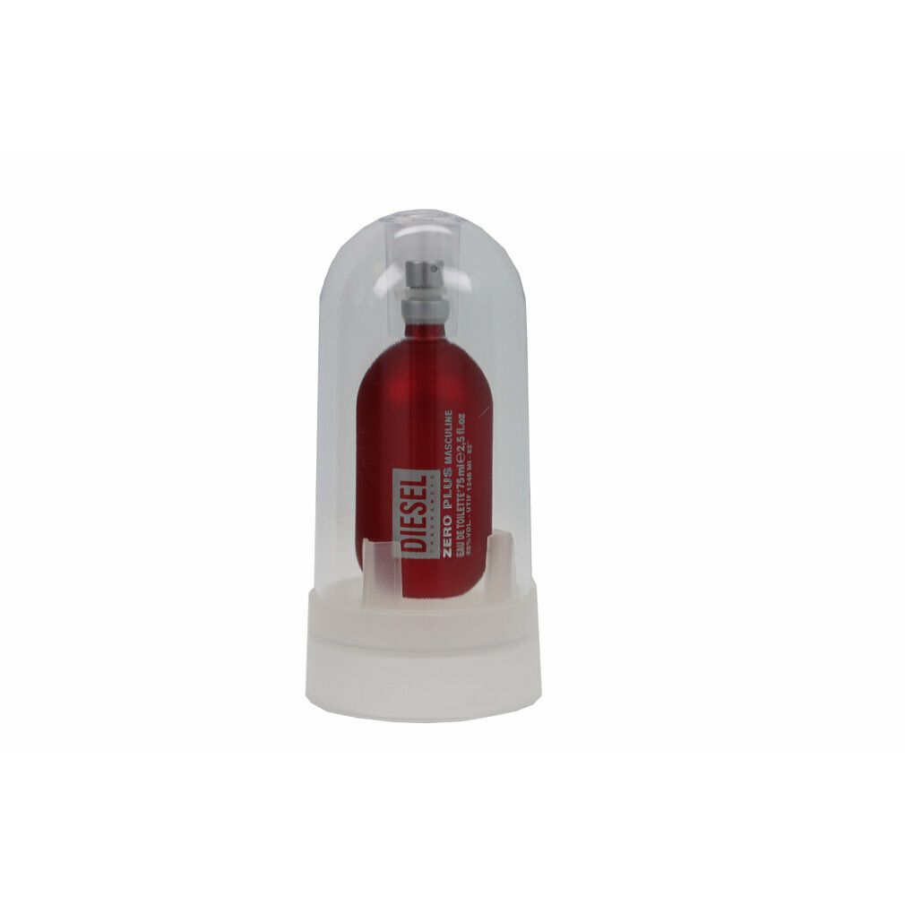 Rote Flasche mit silbernem Zerstäuber in einer transparenten Hülle. Aufschrift: DIESEL, ZERO PLUS MASCULINE.
