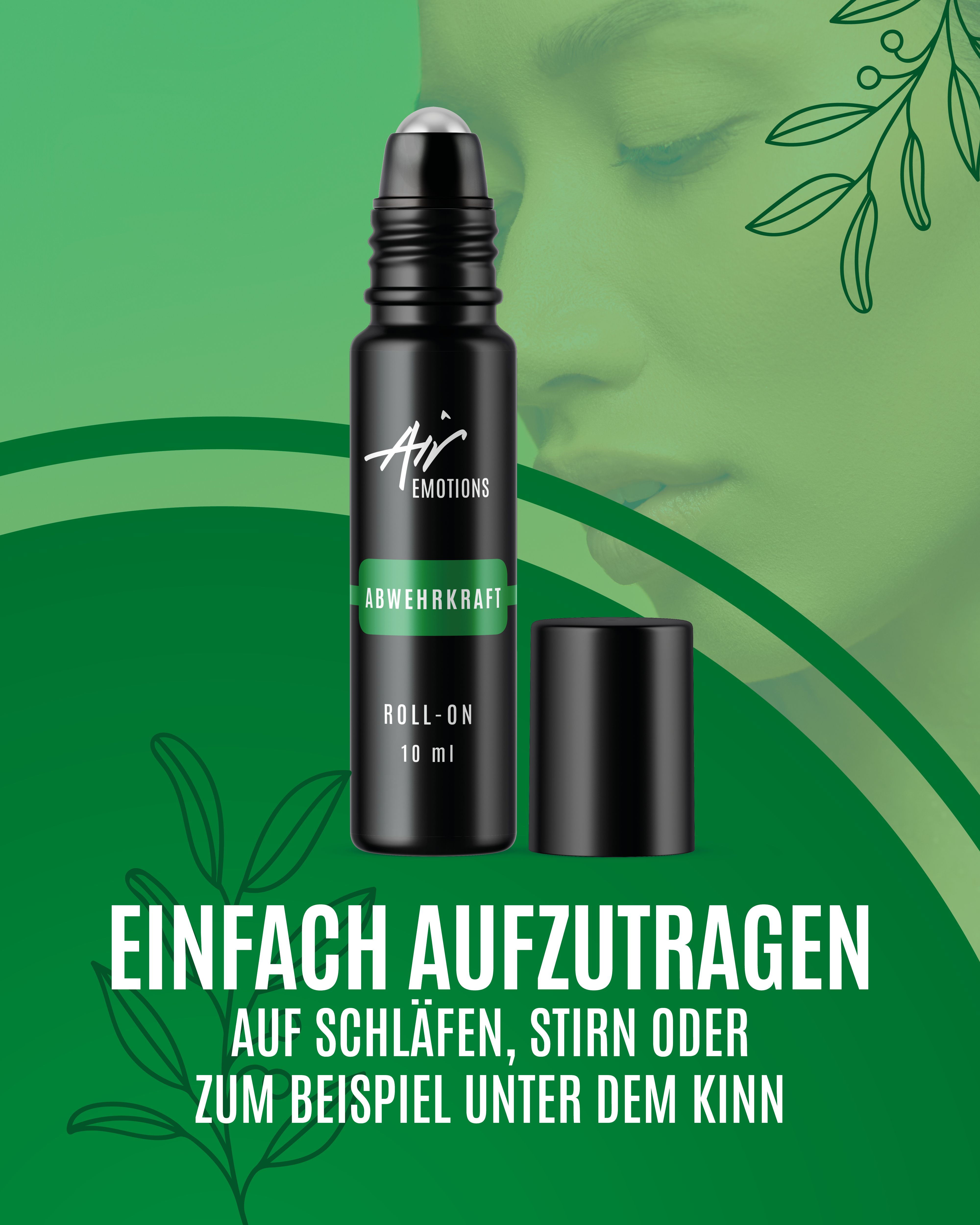 Schwarze Roll-On-Flasche mit grüner Beschriftung. Schwarzer Deckel daneben. Text: Einfach aufzutragen.