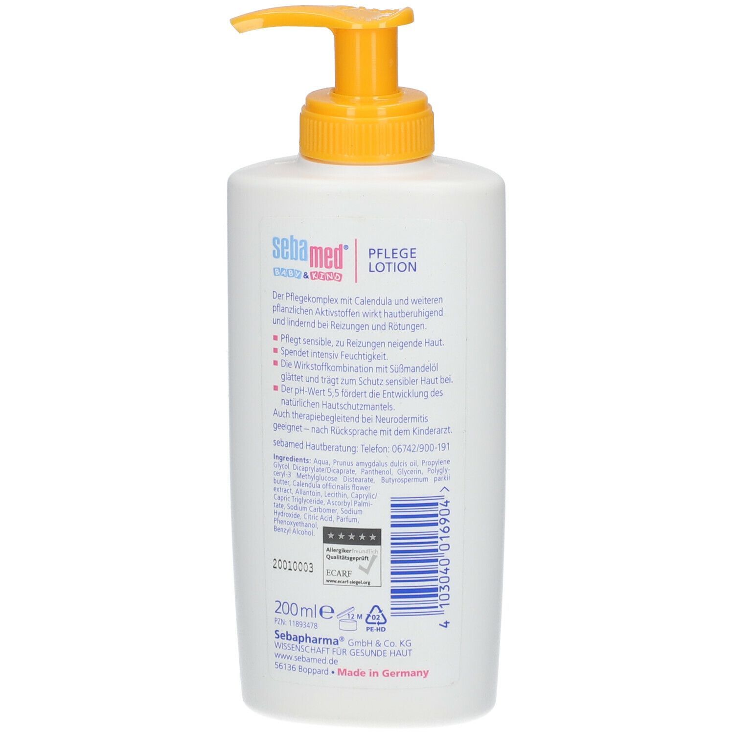 Weiße Flasche mit gelbem Pumpkopf. Aufschrift: sebamed BABY & KIND PFLEGE LOTION. Rückseite mit Text und Informationen.