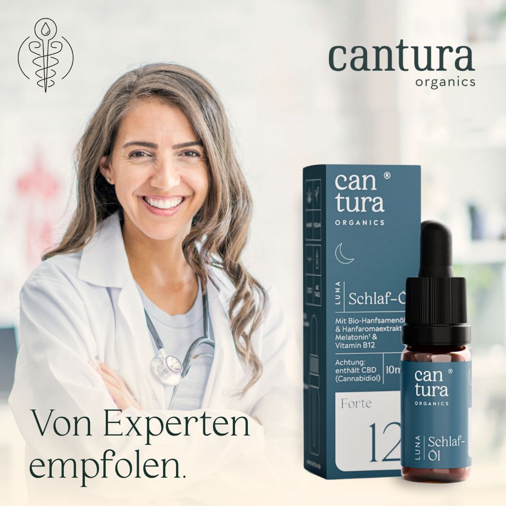 Ärztin mit Stethoskop und Produkt. Verpackung und Flasche mit Tropfer. Text: LUNA Schlaf-Öl.