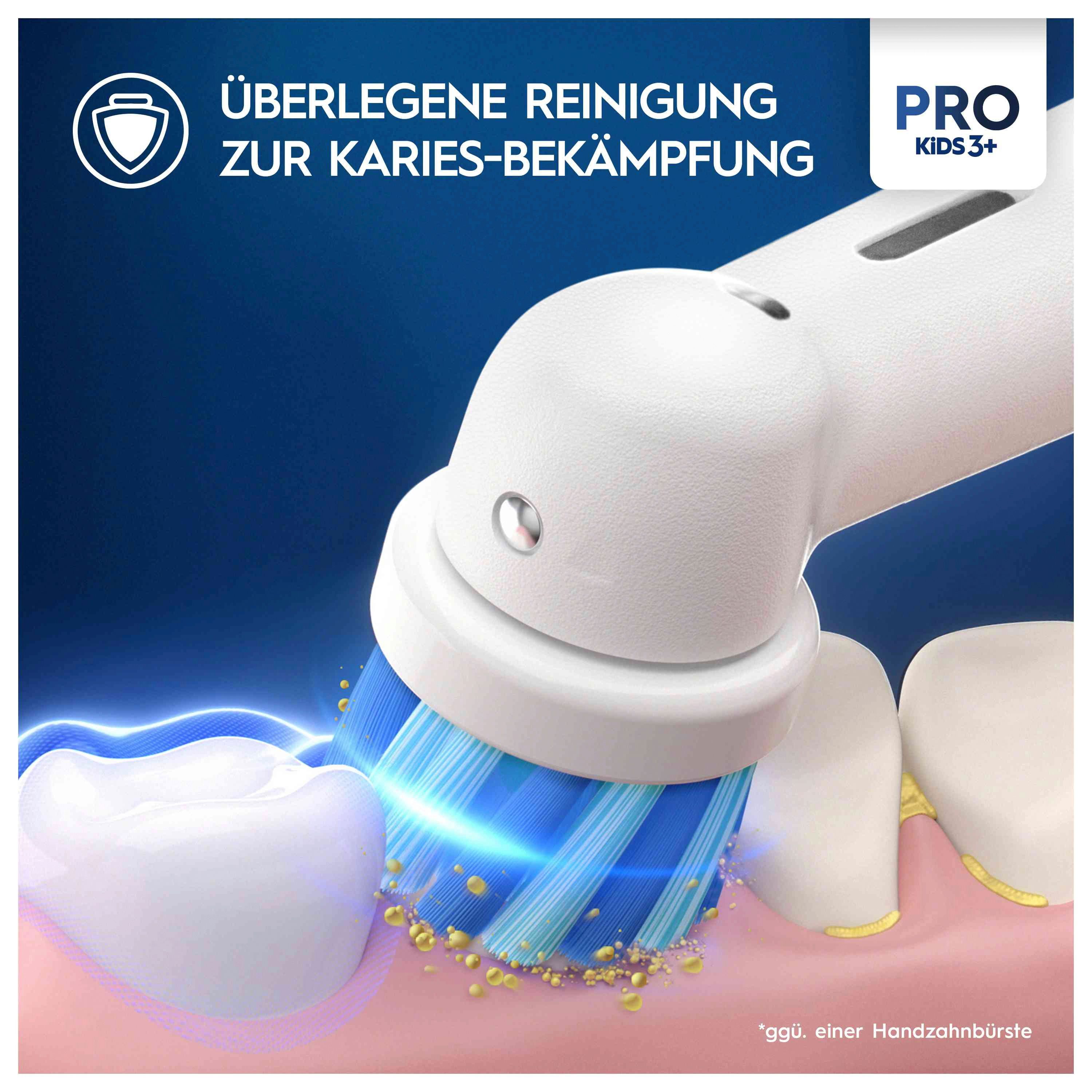 Nahaufnahme einer elektrischen Zahnbürste, die Zähne putzt. Text: Überlegene Reinigung zur Karies-Bekämpfung. Pro Kids 3+.