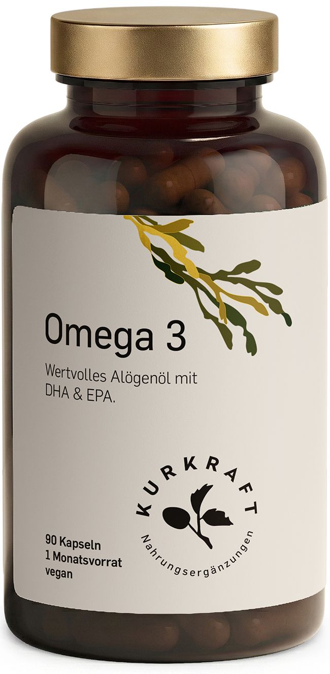 Braune Glasflasche mit Omega 3 Algenöl Kapseln, Etikett mit Algenzweig und Kurkraft Logo.