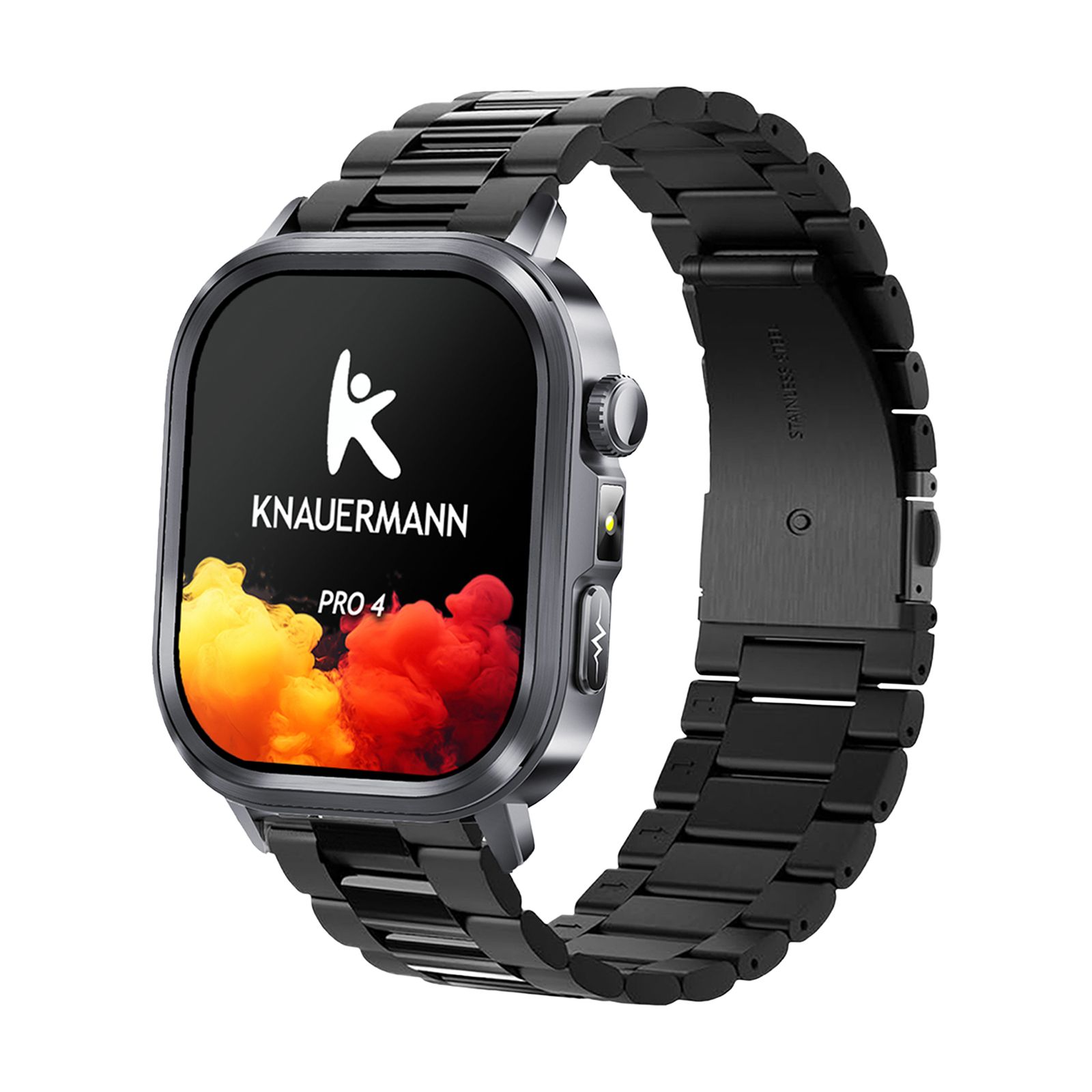 Schwarze Smartwatch mit Metallarmband. Display mit Logo und Schriftzug KNAUERMANN PRO 4. Seitliche Knöpfe.