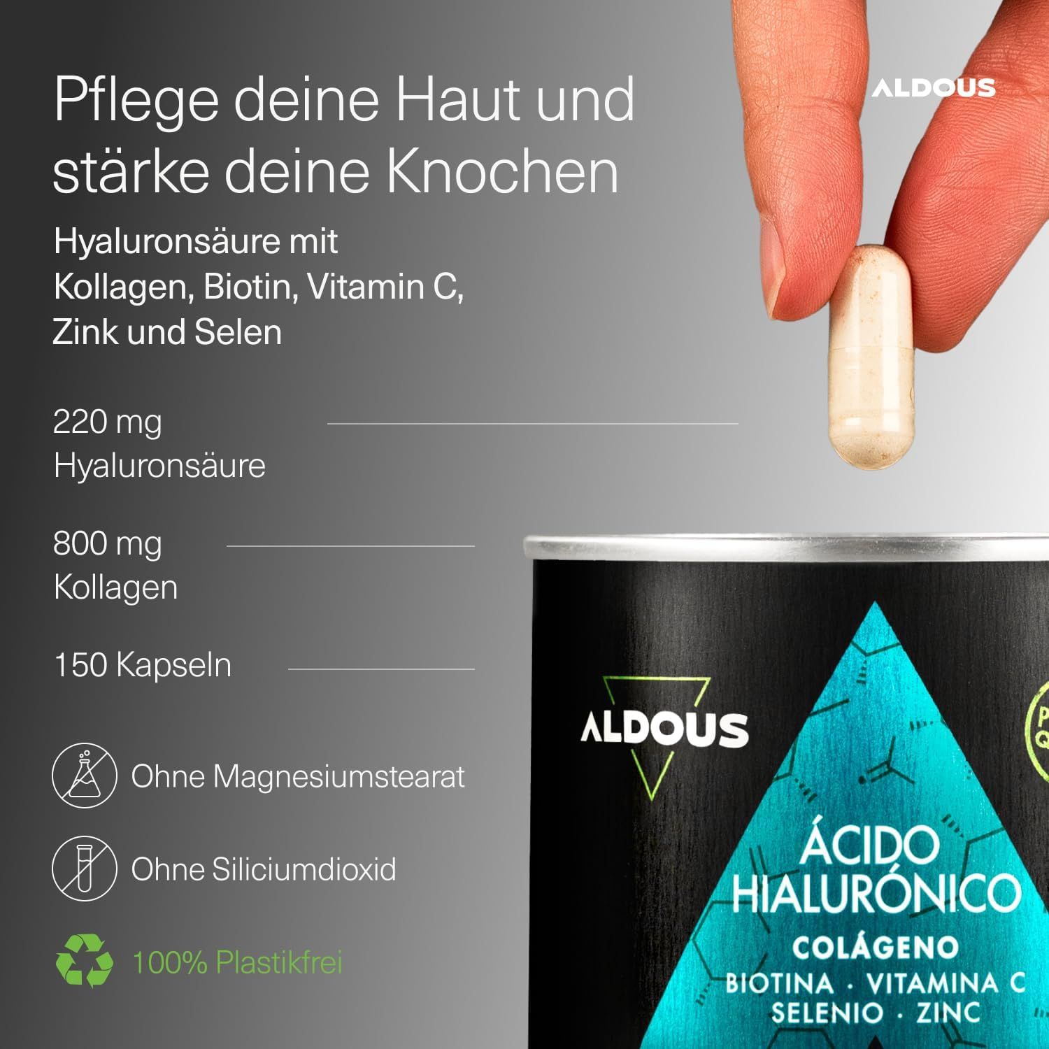 Aldous Kapsel wird von einer Hand gehalten. Informationen zu Inhaltsstoffen und 150 Kapseln.