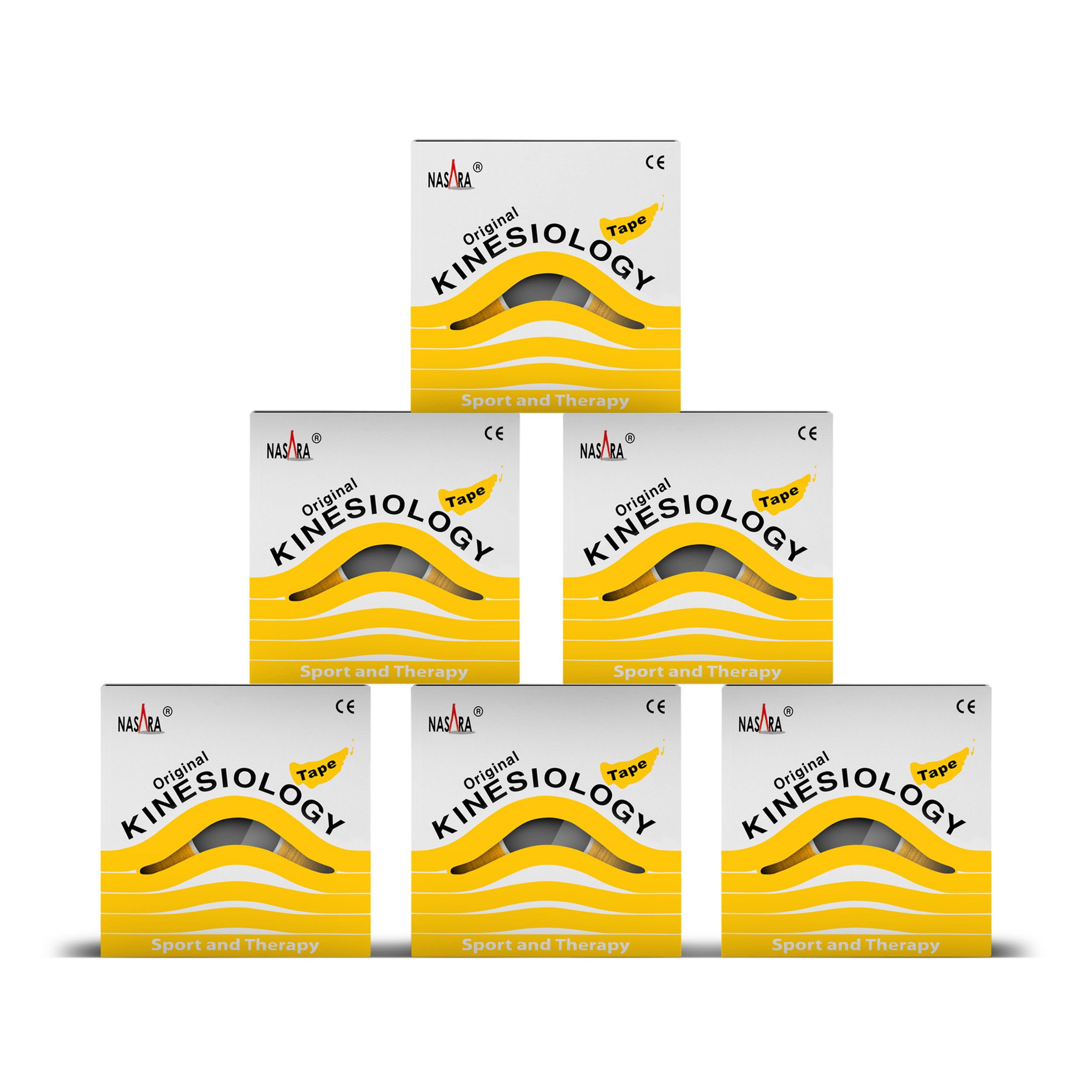 Sechs Boxen Kinesiologie-Tape. Aufschrift: NASARA, Original Kinesiology Tape, Sport and Therapy. CE-Zeichen.