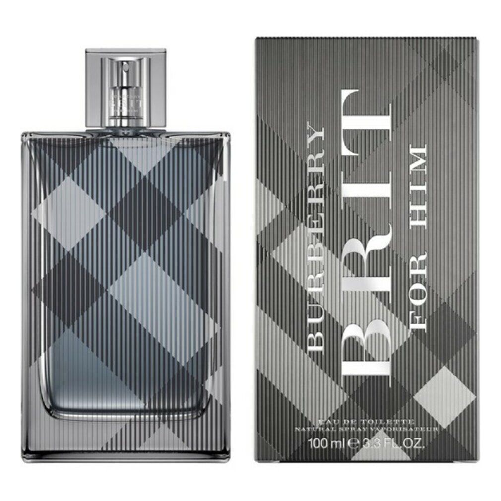 Burberry Brit for Him Eau de Toilette. Flakon und Verpackung mit Karomuster. Aufschrift: Burberry Brit for Him. 100 ml.