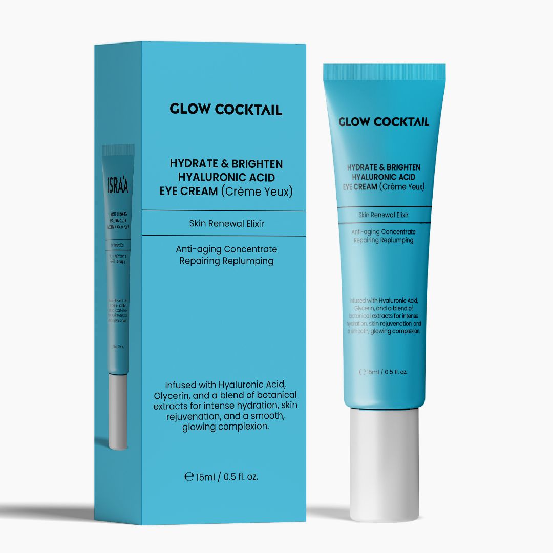 Türkisblaue Tube und Schachtel. Aufschrift: Glow Cocktail, Hydrate & Brighten Hyaluronic Acid Eye Cream. 15ml/0.5 fl. oz.