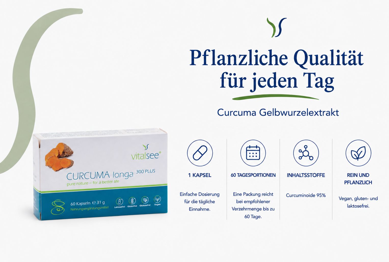 Verpackung von Curcuma longa 300 PLUS Kapseln mit Kurkumawurzel-Abbildung und Icons.