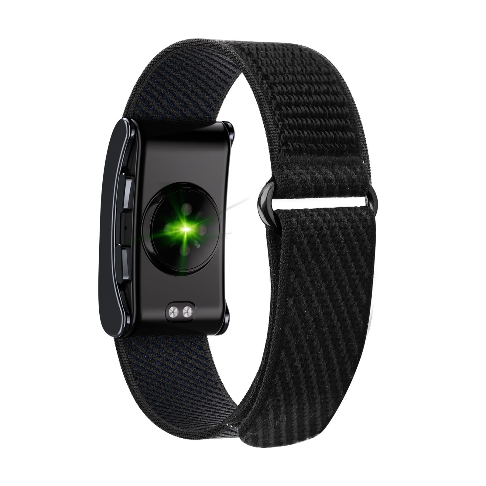 Schwarzes Smart-Armband mit Textilarmband und leuchtendem grünen Herzfrequenzsensor.