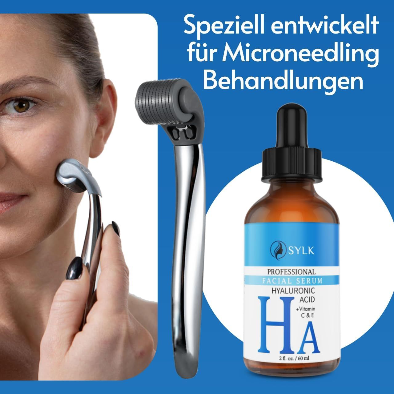 Frau mit Dermaroller. Daneben Serumflasche mit Pipette. Text: Speziell entwickelt für Microneedling Behandlungen.
