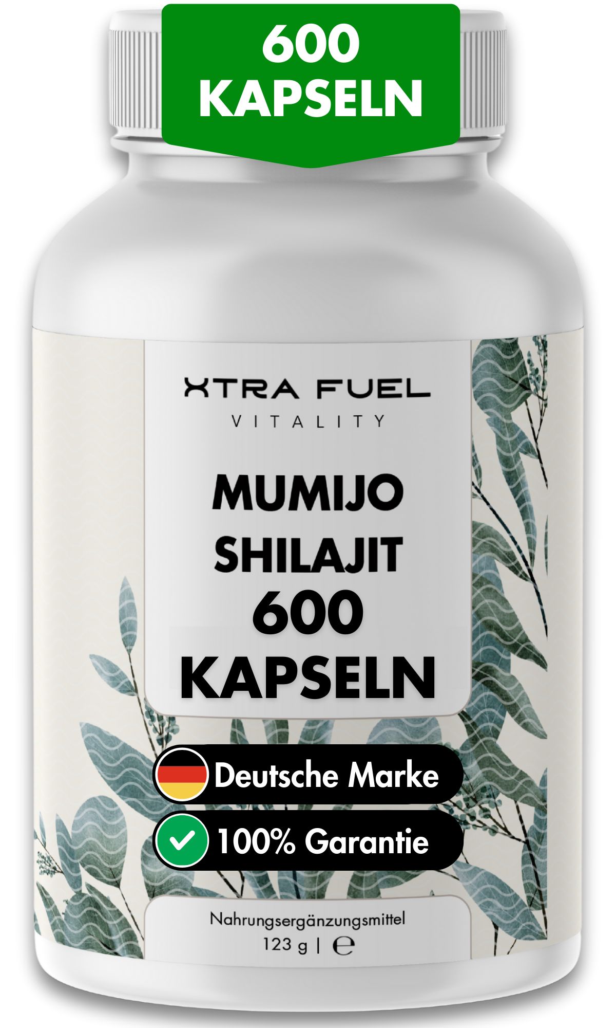 XTRA FUEL Mumijo Shilajit Kapseln. Weiße Flasche mit 600 Kapseln. Text: Deutsche Marke, 100% Garantie.