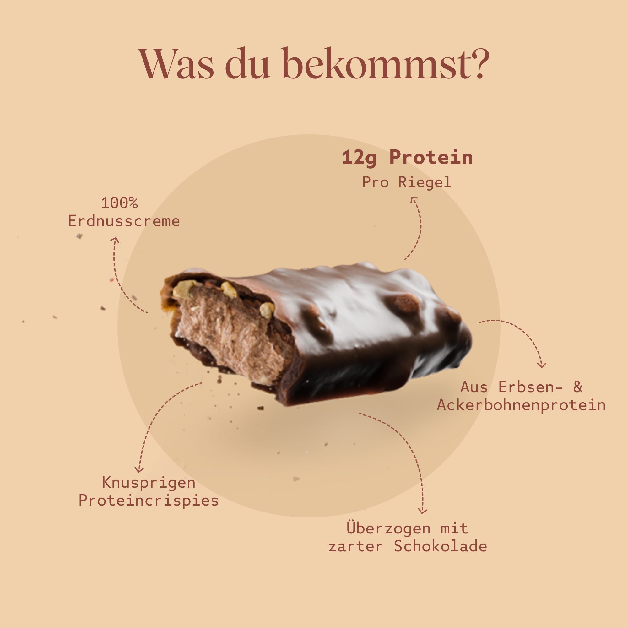 Aufgeschnittener VETAIN Proteinriegel Vegan Crispy Peanut mit Schokoladenüberzug.