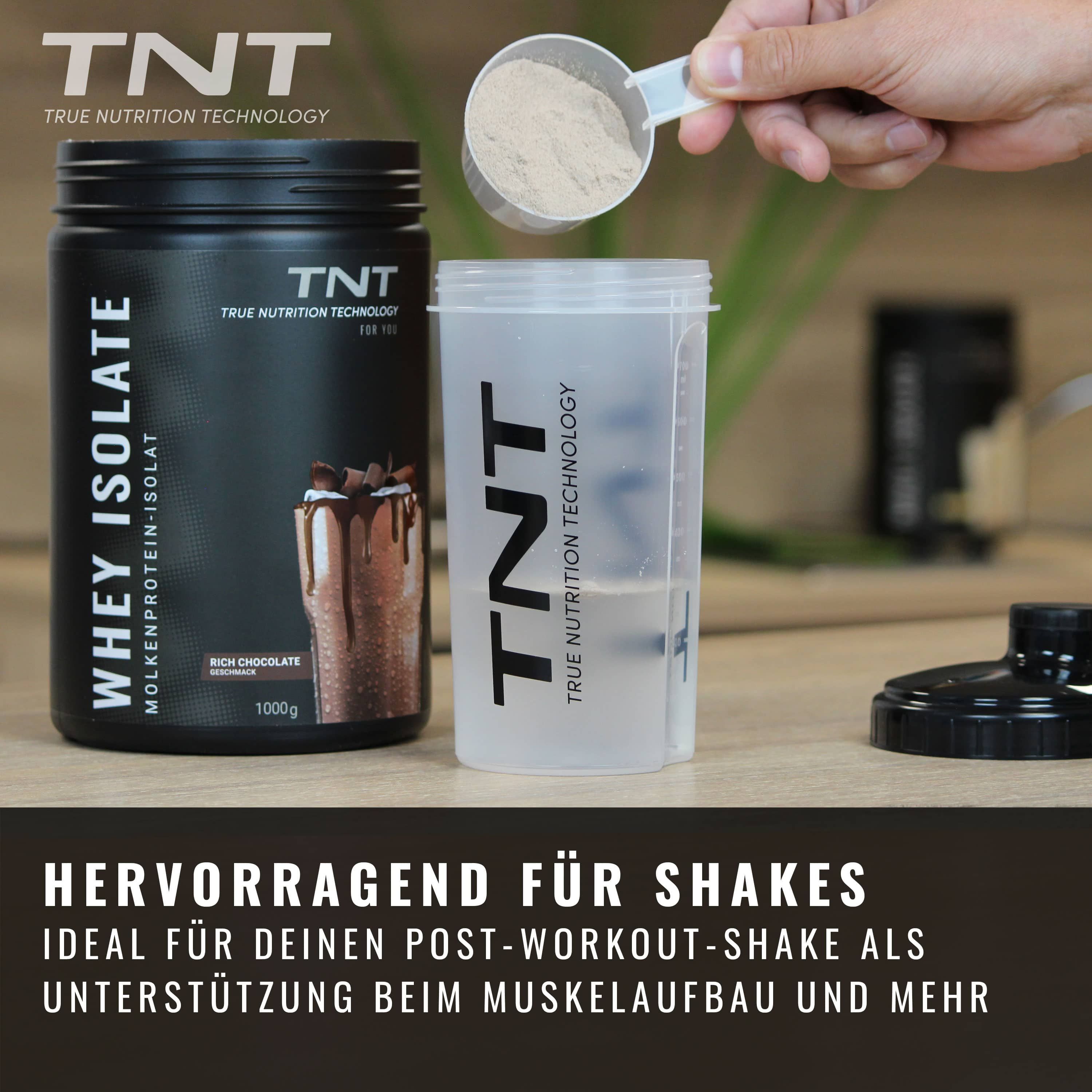 Schwarze TNT Whey Isolate-Dose, daneben Shaker und Pulver. Text: Hervorragend für Shakes. Ideal für Post-Workout-Shakes.