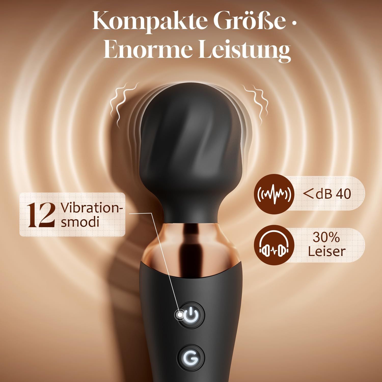 Roter Vibrator wird von einer Hand gehalten, die eine Smartphone-App mit verschiedenen Funktionen steuert.
