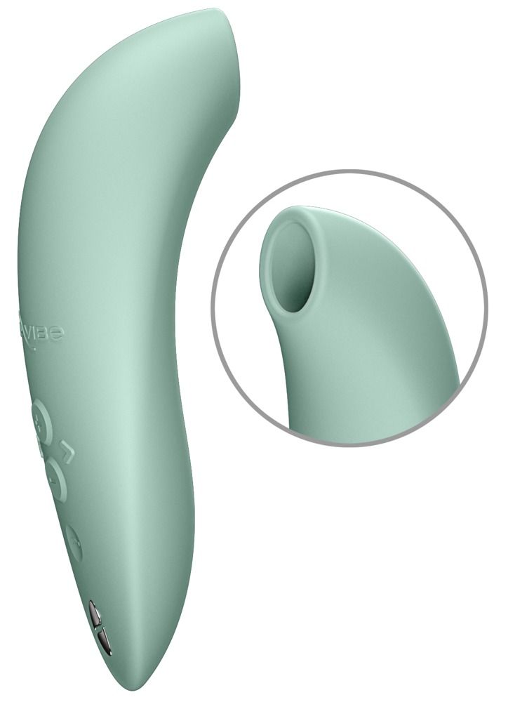 Hellgrünes Wellness-Produkt mit abgerundeter Form. Detailansicht zeigt die Öffnung. Logo 'We-Vibe' sichtbar. Knöpfe und Bedienelemente.