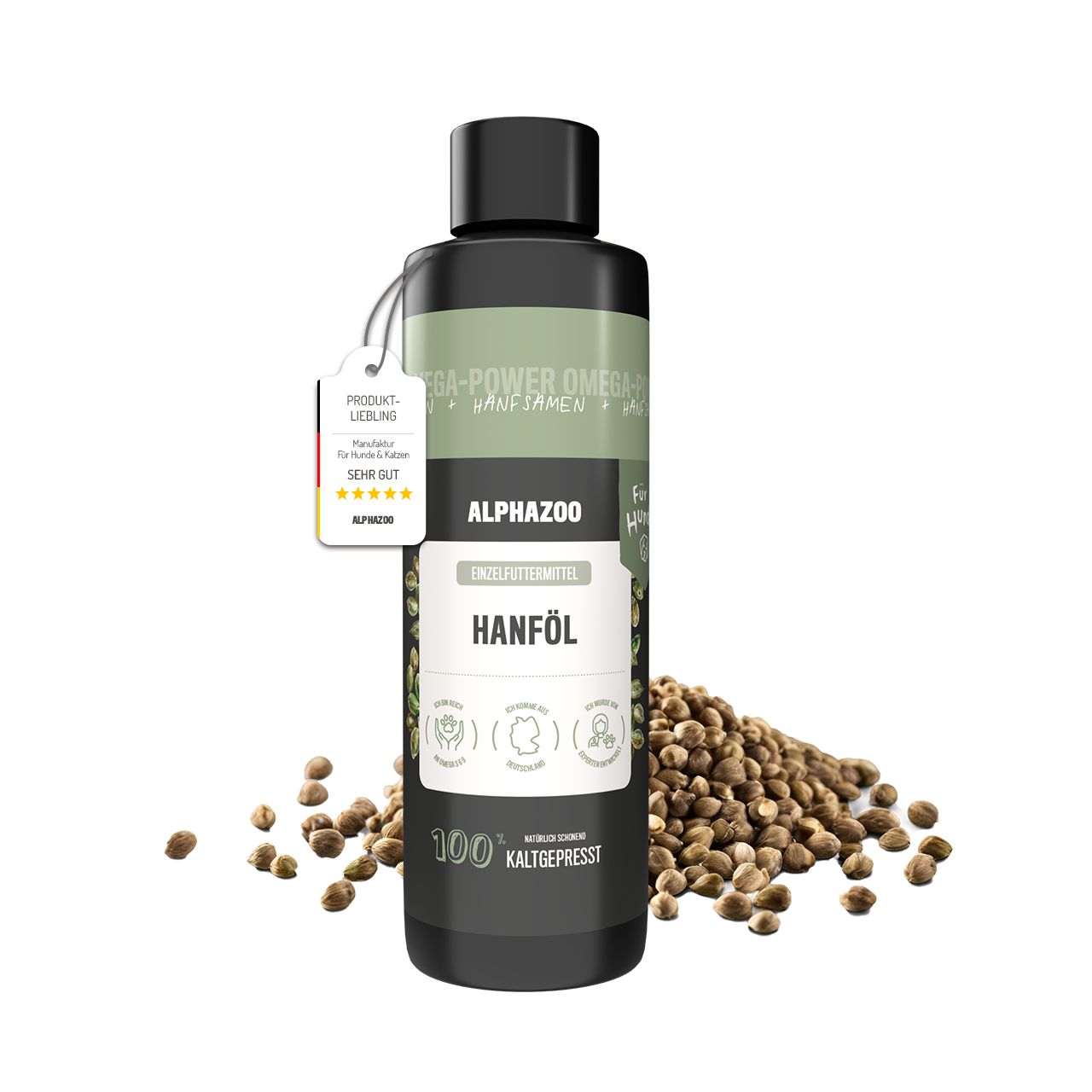 Schwarze Flasche mit Etikett. Aufschrift: ALPHAZOO Hanföl. Produkt-Liebling-Auszeichnung. Hanfsamen daneben.