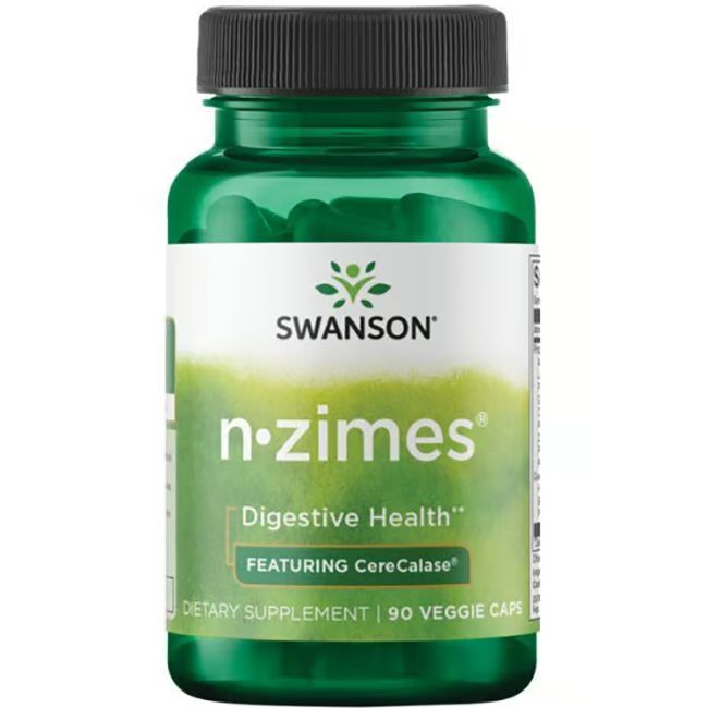 Grüne Kapseln in einer grünen Flasche mit schwarzem Deckel. Aufschrift: SWANSON, n-zimes, Digestive Health, 90 Veggie Caps.
