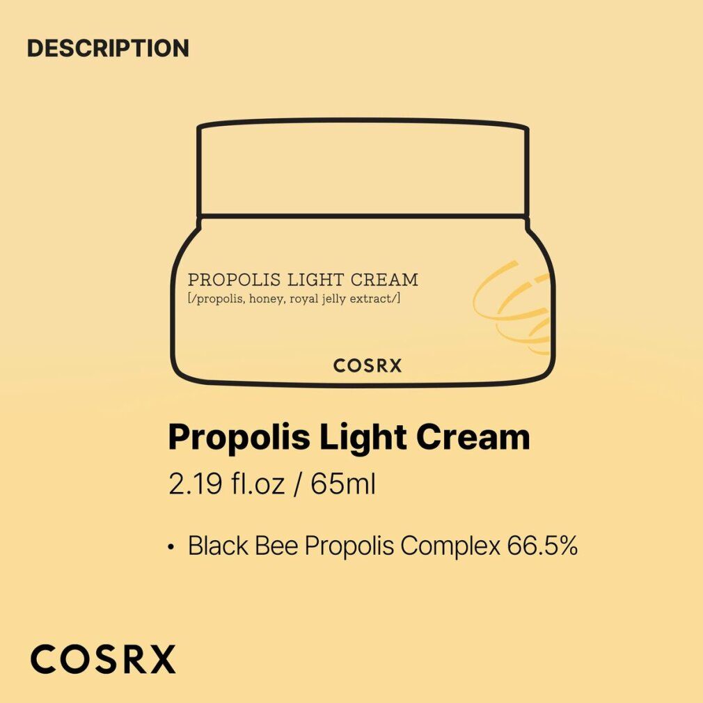 Produkt-Illustration. Aufschrift: PROPOLIS LIGHT CREAM. Marke: COSRX. Enthält 65ml. Text: Black Bee Propolis Complex 66.5%.