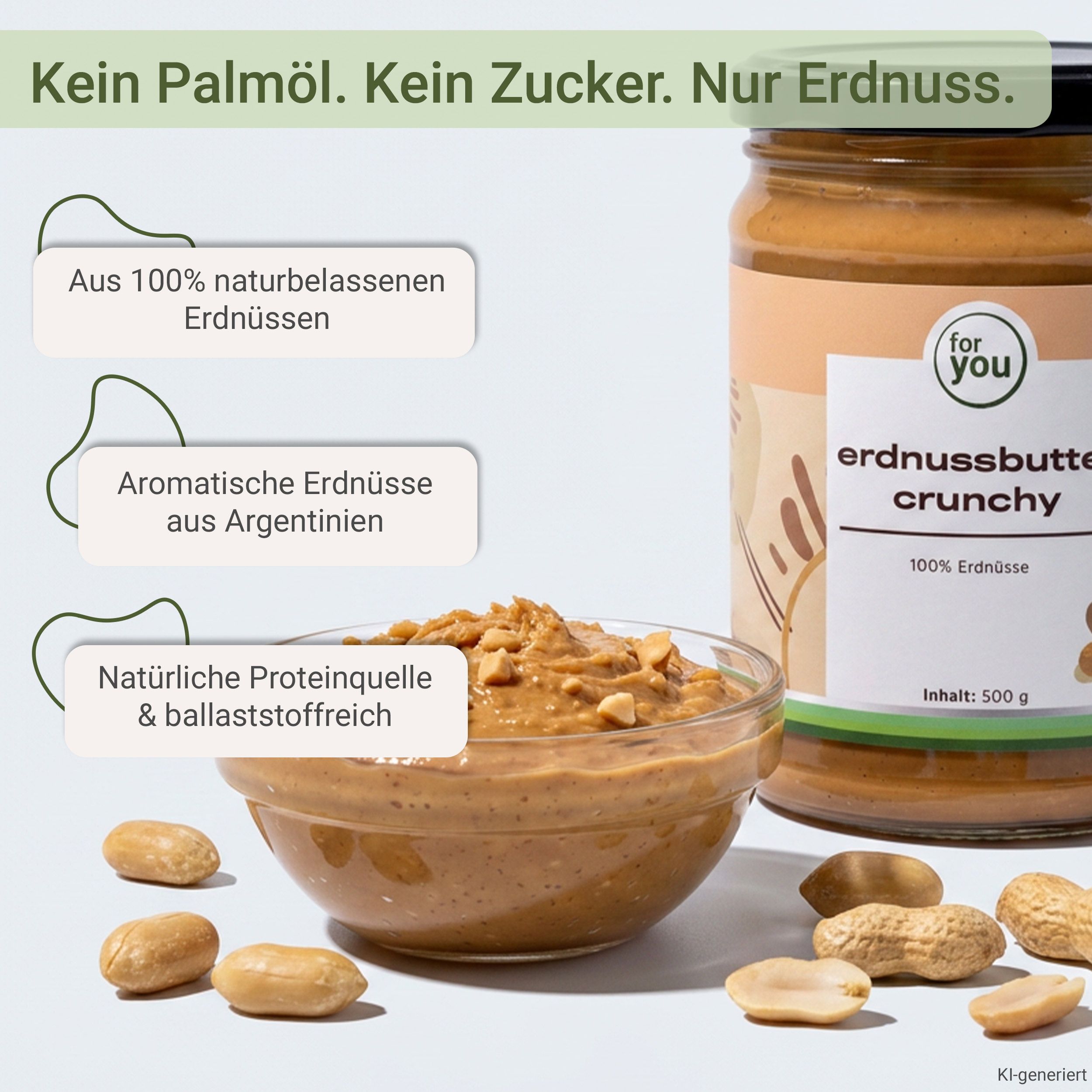 Erdnussbutter Crunchy im Glas, daneben eine Schüssel mit Erdnussbutter und Erdnüssen.
