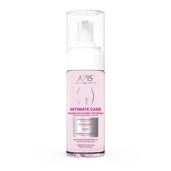 Rosa Flasche mit weißem Sprühkopf. Aufschrift: APIS, Intimate Care, Schaum für Intimhygiene. Enthält Inhaltsstoffe.