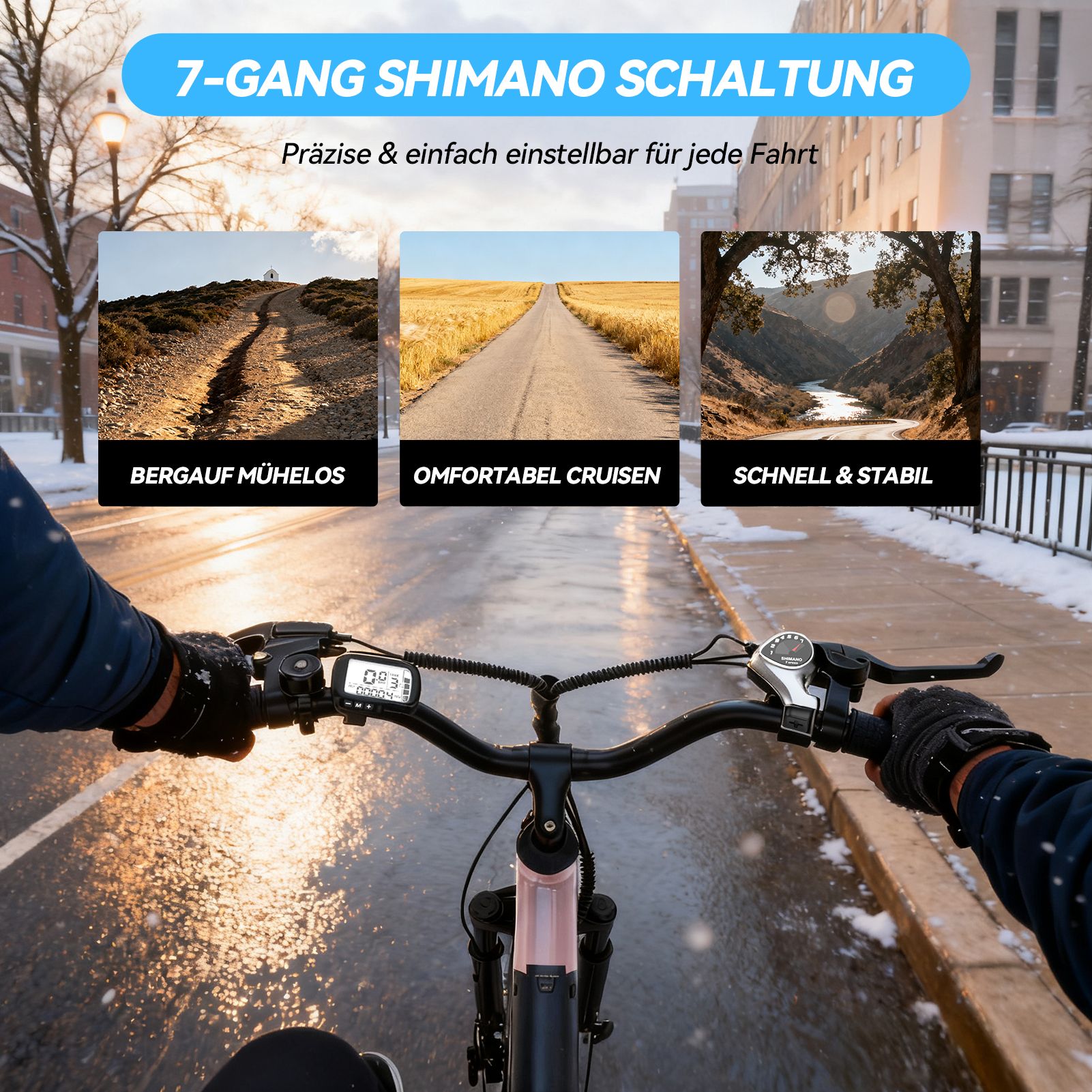 Nahaufnahme des Lenkers eines rosa Elektrofahrrads. Text: 7-Gang Shimano Schaltung. Bilder: Gelände, Straße, Landschaft.