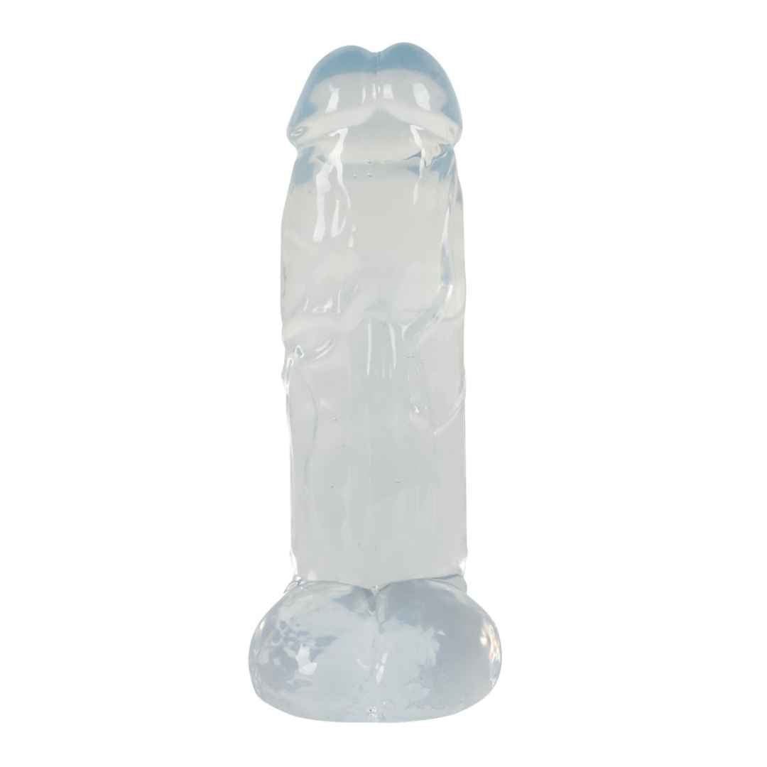 Transparentes, dickförmiges Objekt. Mit geriffelter Oberfläche und abgerundeter Spitze. Aufrecht stehend.