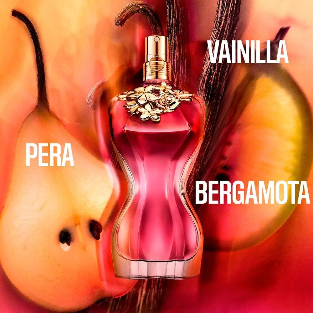 Jean Paul Gaultier La Belle Eau de Parfum Spray. Flakon, rosa Flüssigkeit, mit Birne, Vanille und Bergamotte.