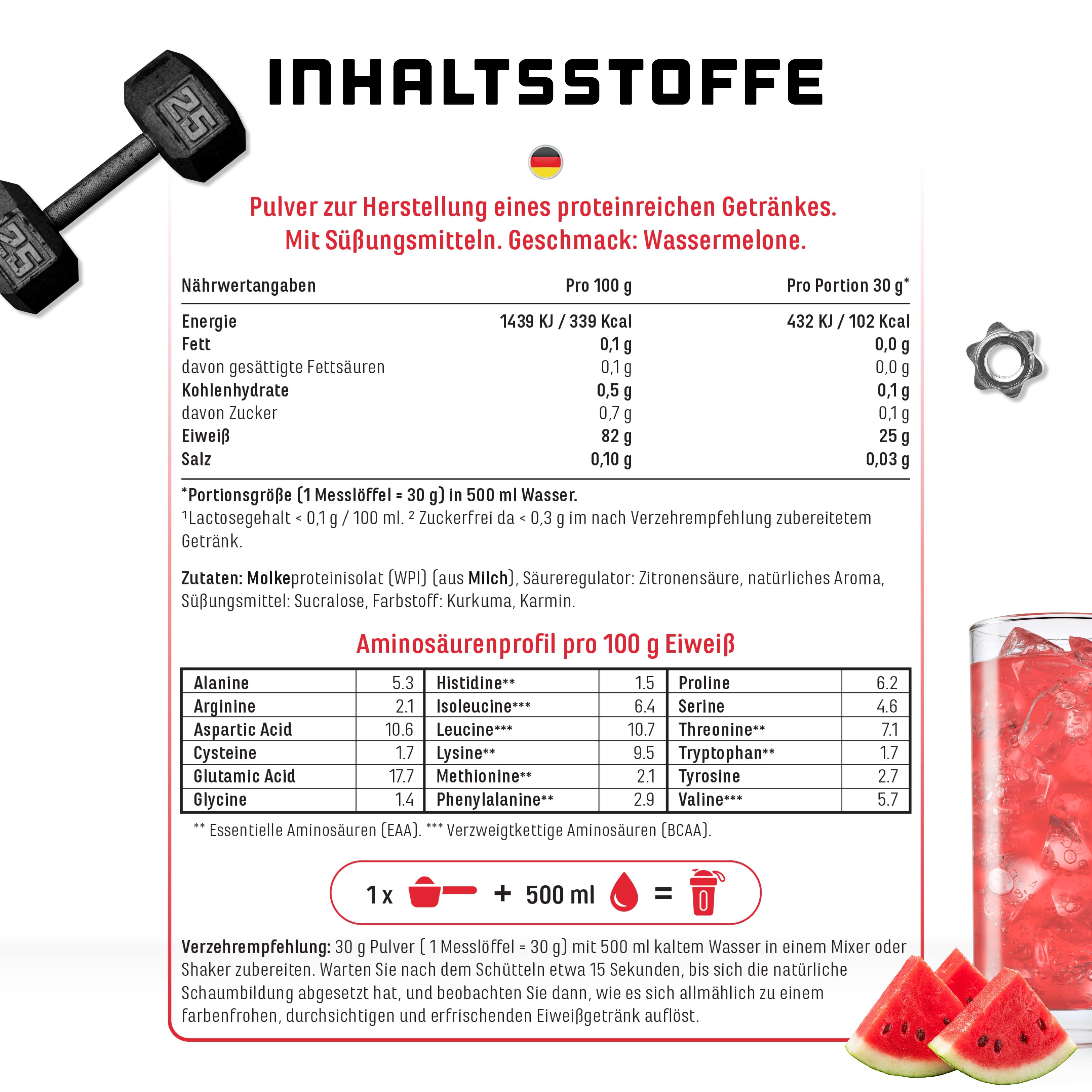 Nährwerttabelle und Aminosäurenprofil für Clear Whey. 30g Pulver in 500ml Wasser. Wassermelonen-Geschmack. Zutatenliste.