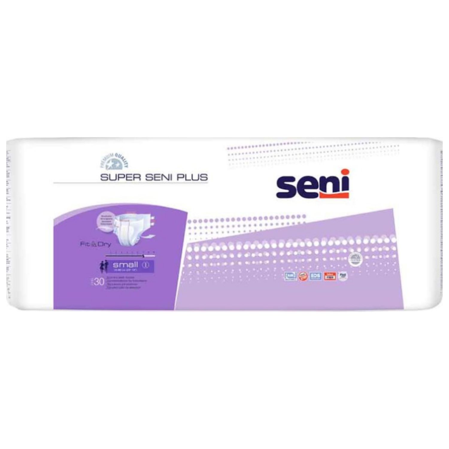 Verpackung mit Seni Super Seni Plus Windeln. Small, 30 Stück. Mit Illustration der Windel und Logos.